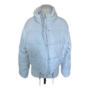 LoveTree White Faux Leather Puffer Bomber Jacket Size Medium Quilted Drawstrin
